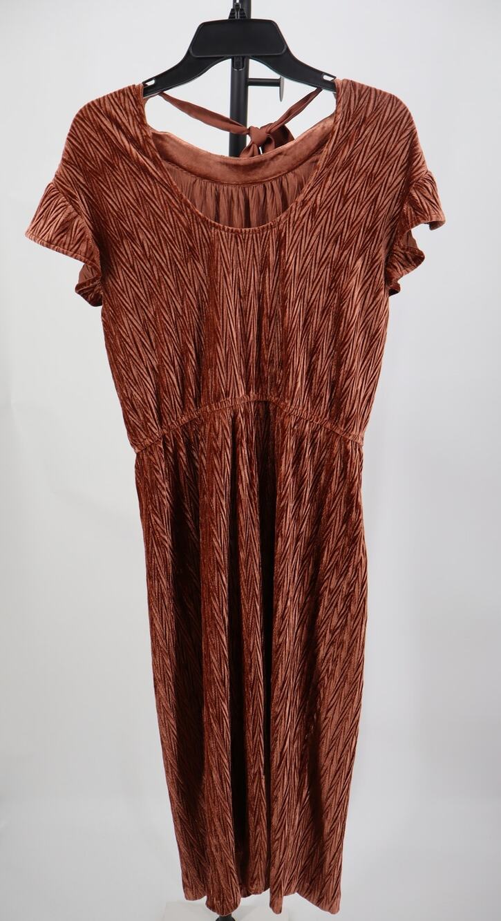 NEW Daniel Rainn Midi Dress Brown Flutter Sleeve Plisse Chevron Blouson Size L
